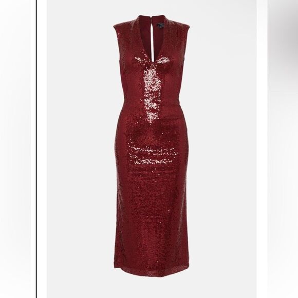 Karen Millen Sequin Midi Dress Wine Red Sleeveless Sz 18 - Picture 4 of 16